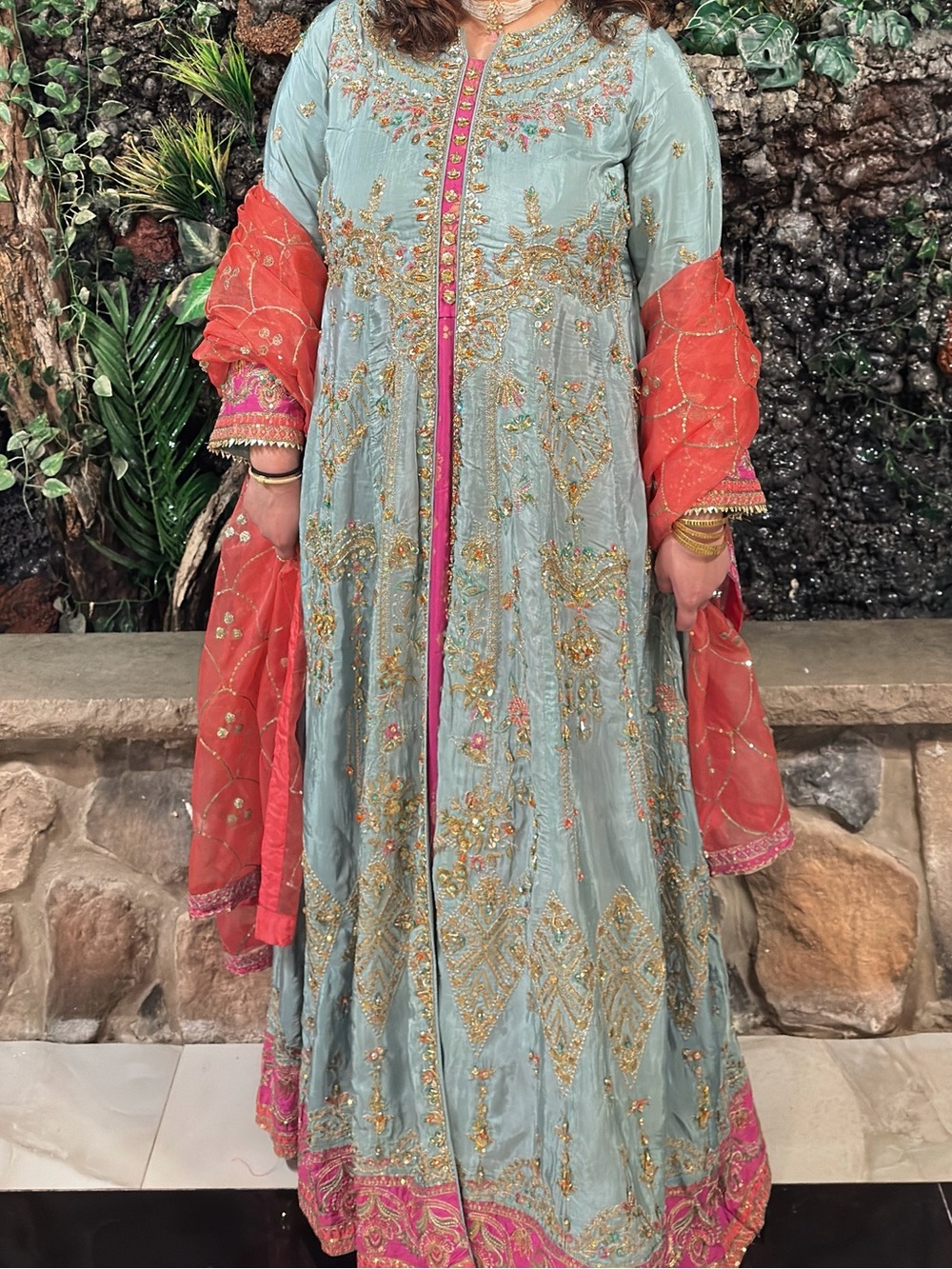 Mint Embroidered Maxi Dress with Coral Accents